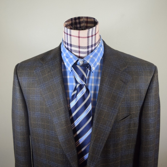 Faconnable Blue Brown Check Italy Sport Coat 46R - Picture 2 of 8